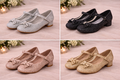 Glitter hakken met voorkant strik- Silver, Goud, Roze & Zwart