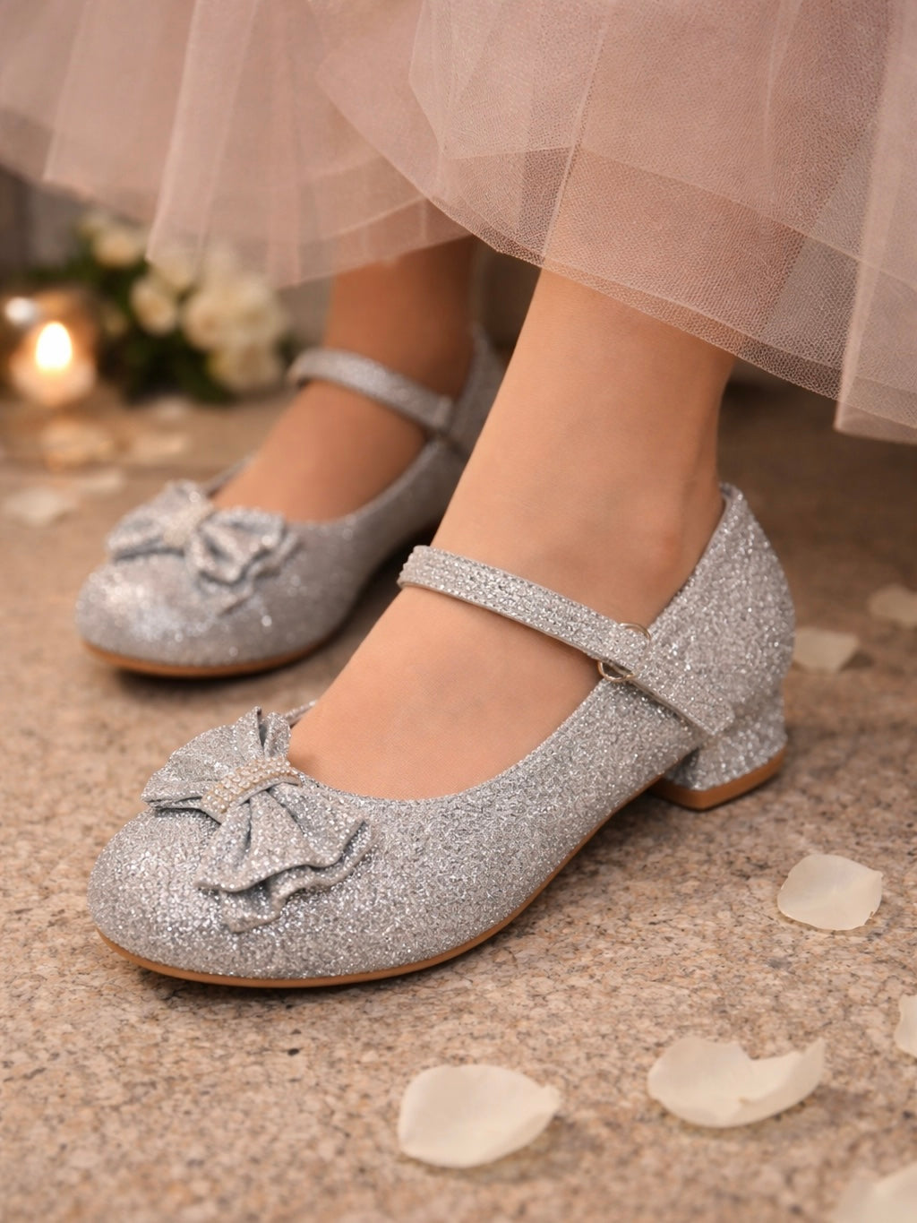 Glitter hakken met voorkant strik- Silver, Goud, Roze & Zwart